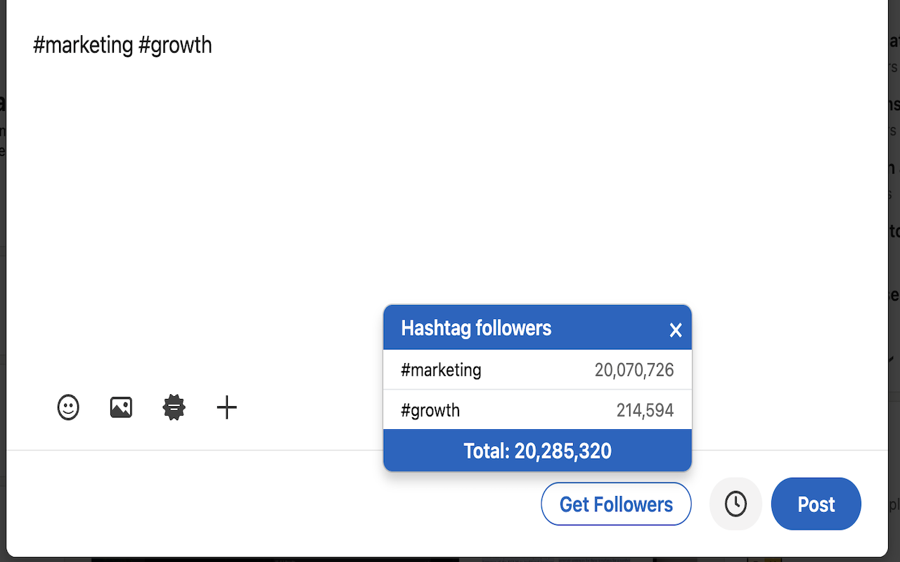 The Hashtag followers panel in a post composer, listing #marketing and #growth with their follower counts and a total